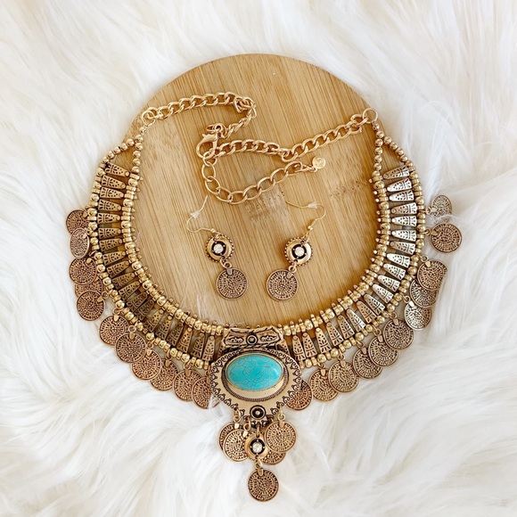 NWT Gold Coin Statement Necklace & Earrings Set with Turquoise Accent - Picture 2 of 15